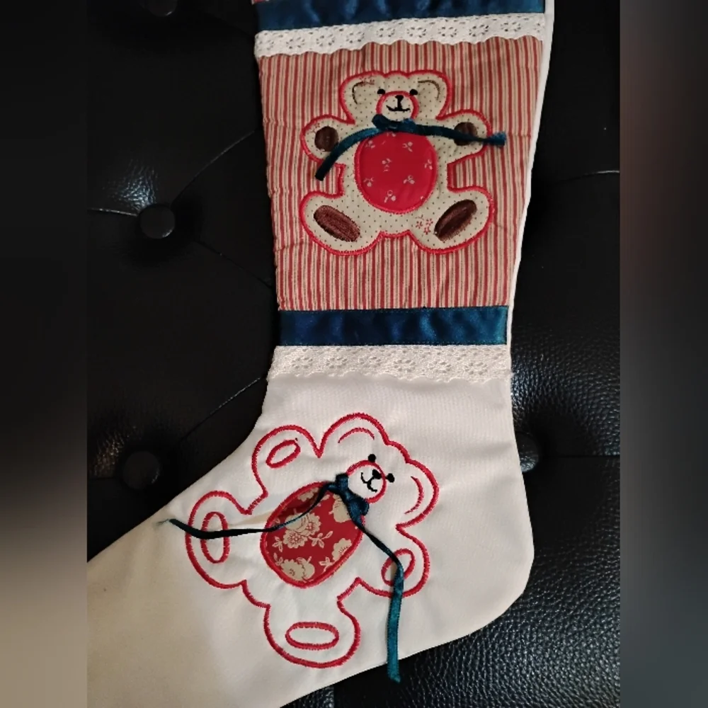 Festive Kids Stocking with Bear Design Embroidery Quilting